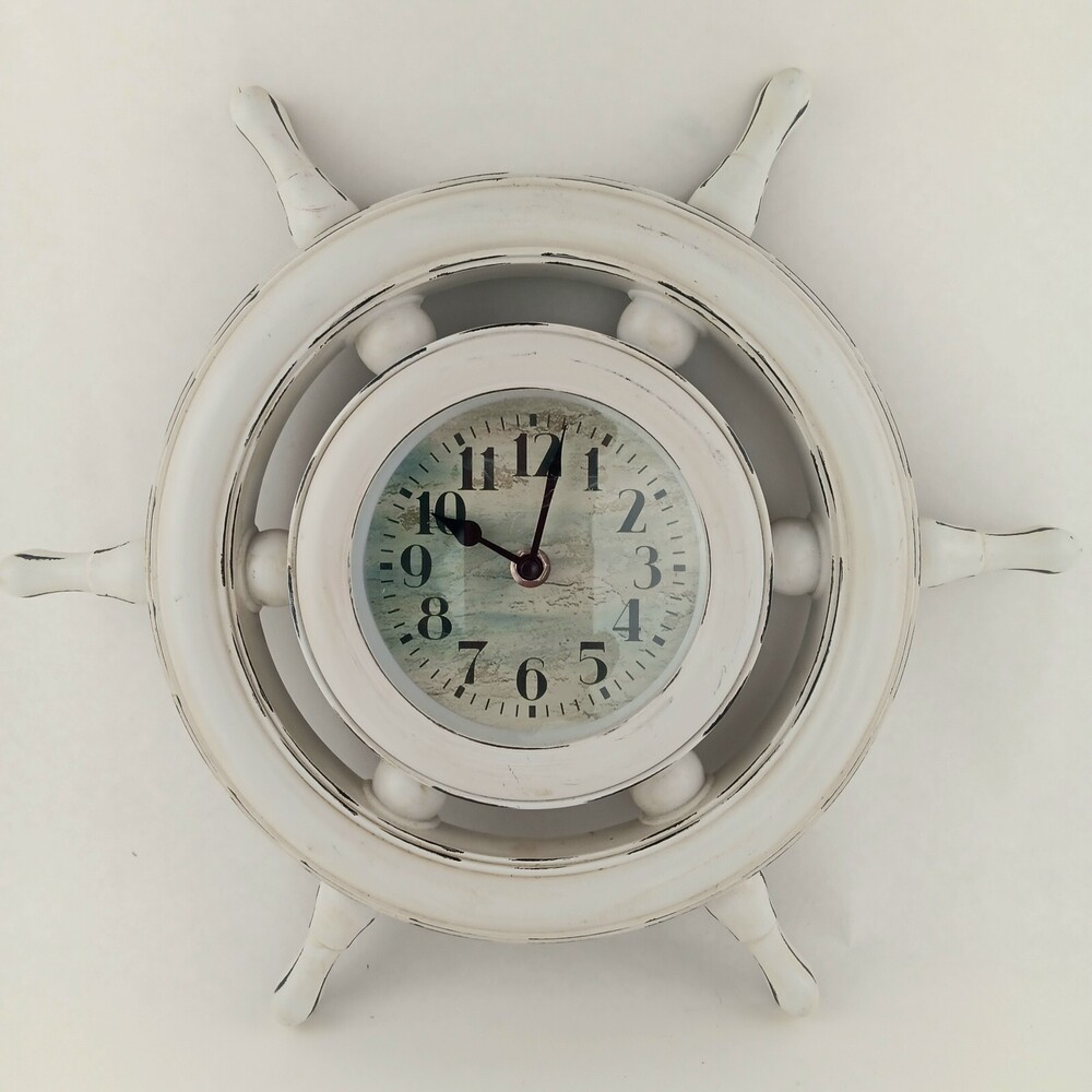 15 In White Battery Operated Ships Wheel Shaped Plastic Wall Clock. Small Chip*